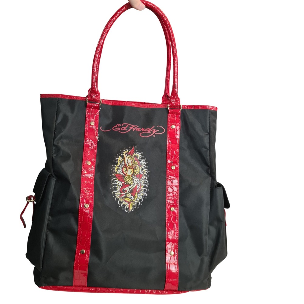 Ed Hardy Black Nylon Mermaid Tattoo Tote Bag Red Faux Croc Trim Y2K Graphic